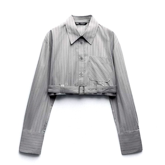 Zara collared crop shirt belted stripe long sleeve flattering dart back NWT rare - Picture 7 of 14